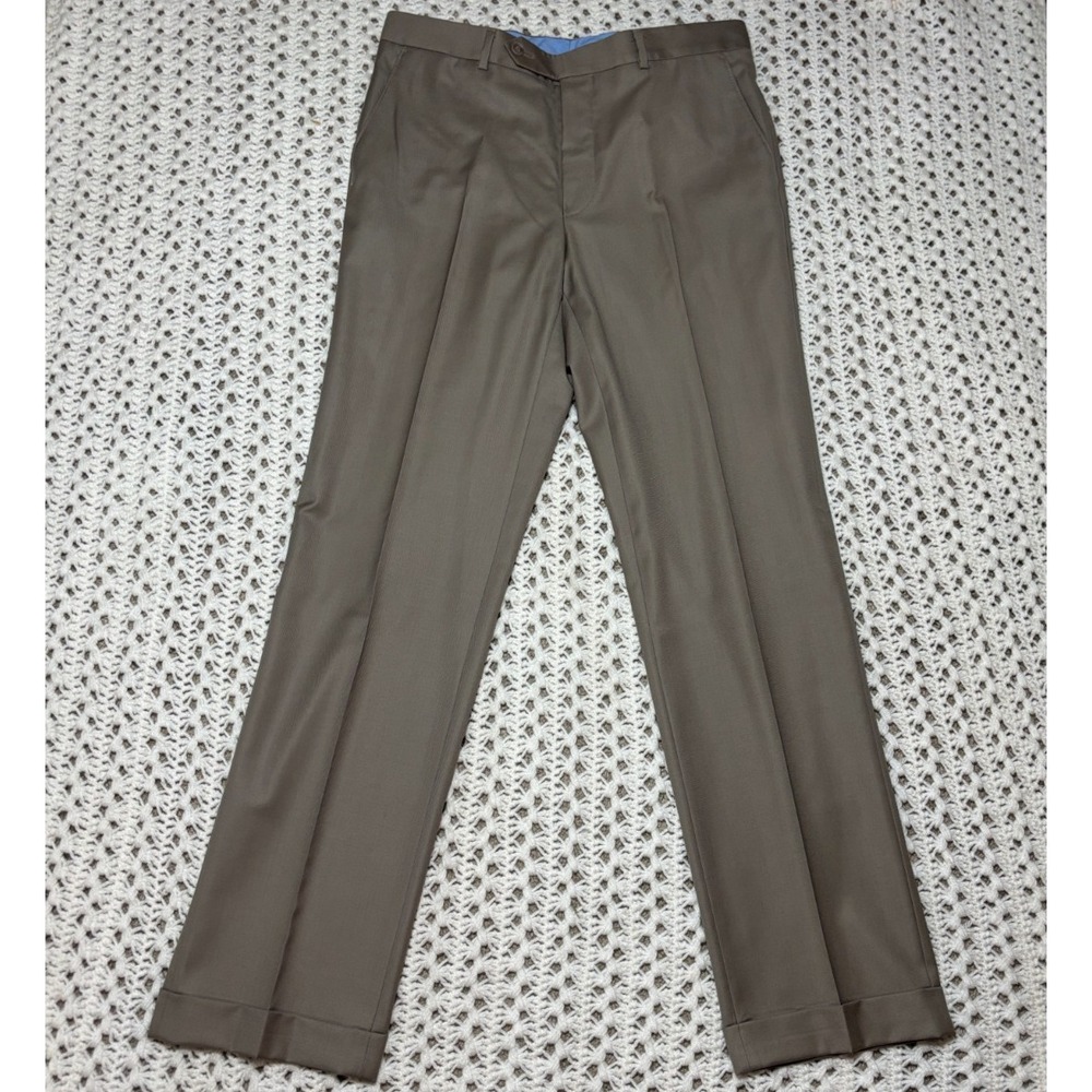 Samuelsohn Pants Men 33x33 Taupe Super 110's Wool Flat Front Cuffed Hem Zip-Fly‎